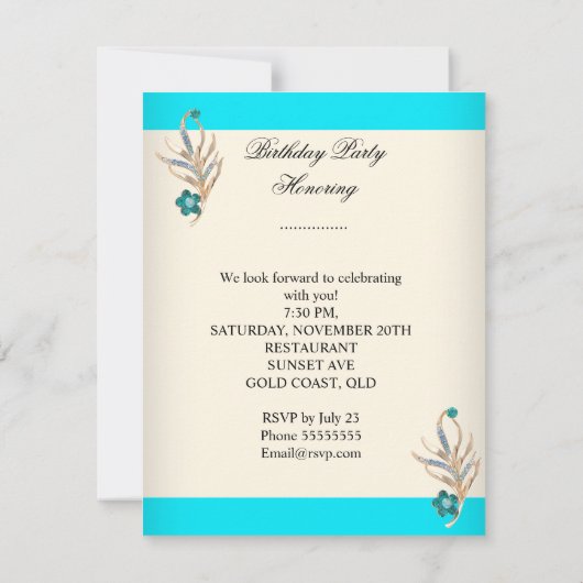 ティール（緑がかった色）エレガントブルークリームホワイトジュエルバースデーパーティー 招待状 (裏面)