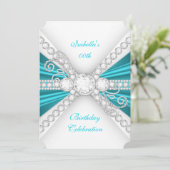 ティール（緑がかった色）エレガントブルーシルバーダイヤモンドバースデーパーティー2 招待状 (スタンド正面)