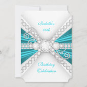 ティール（緑がかった色）エレガントブルーシルバーダイヤモンドバースデーパーティー2 招待状 (正面)