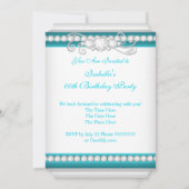 ティール（緑がかった色）エレガントブルーシルバーダイヤモンドバースデーパーティー2 招待状 (裏面)