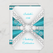 ティール（緑がかった色）エレガントブルーシルバーダイヤモンドバースデーパーティー2 招待状 (正面/裏面)