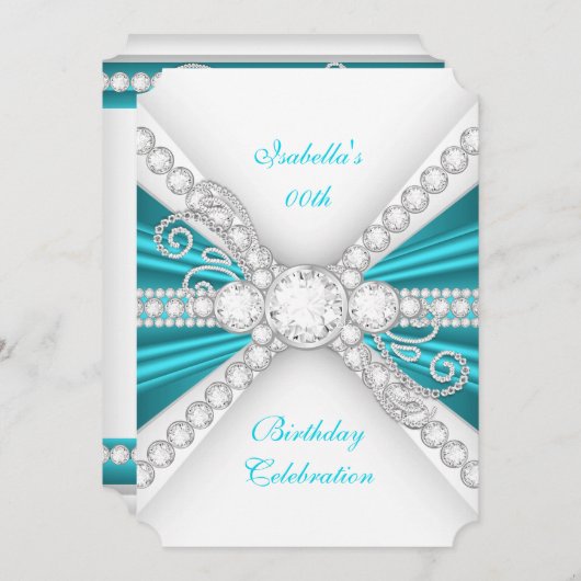 ティール（緑がかった色）エレガントブルーシルバーダイヤモンドバースデーパーティー2 招待状 (正面/裏面)