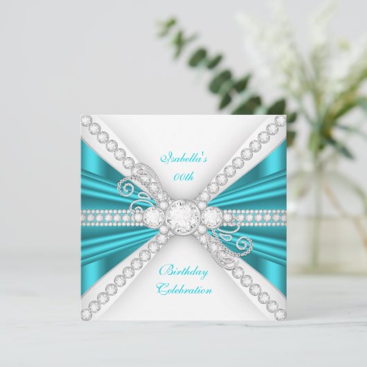 ティール（緑がかった色）エレガントブルーシルバーダイヤモンドバースデーパーティー 招待状 (スタンド正面)