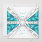 ティール（緑がかった色）エレガントブルーシルバーダイヤモンドバースデーパーティー 招待状 (正面)