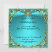 ティール(緑がかった色)エレガントブルージュエル金ゴールド誕生日パーティー 招待状 (裏面)