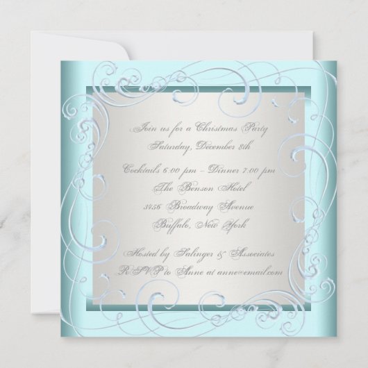 ティール（緑がかった色）エレガントブルースノーフレークスクリスマスパーティー 招待状 (裏面)