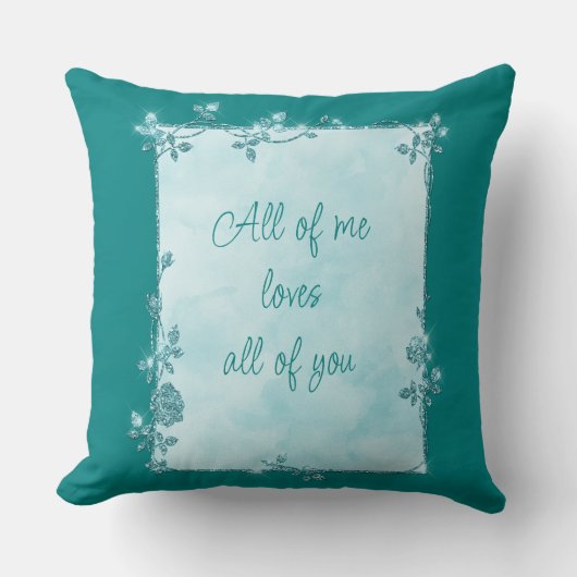 ティール（緑がかった色）エレガントブルースパークルフレームバレンタイン クッション (正面)