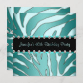 ティール（緑がかった色）エレガントブルーゼブラ女性40th誕生日パーティー 招待状 (正面/裏面)