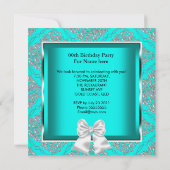 ティール（緑がかった色）エレガントブルーダマスクシルバーバースデーパーティー 招待状 (裏面)