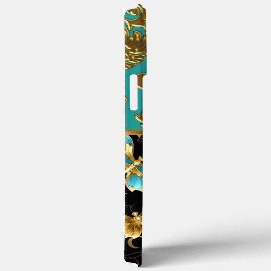 ティール（緑がかった色）エレガントブルーダマスクフローラバタフライ金ゴールド Case-Mate iPhoneケース (裏面 / 右)