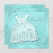 ティール(緑がかった色)エレガントブルードレスベビーシャワー 招待状 (正面/裏面)