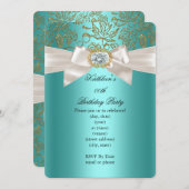 ティール(緑がかった色)エレガントブルーバースデーパーティーダマスククリーム 招待状 (正面/裏面)