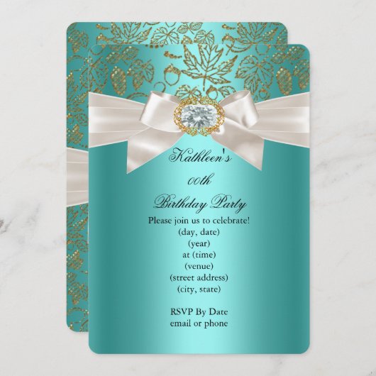 ティール（緑がかった色）エレガントブルーバースデーパーティーダマスククリーム 招待状 (正面/裏面)