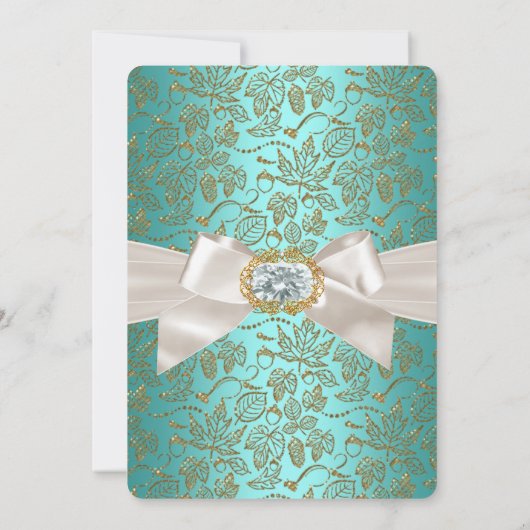 ティール(緑がかった色)エレガントブルーバースデーパーティーダマスククリーム 招待状 (裏面)