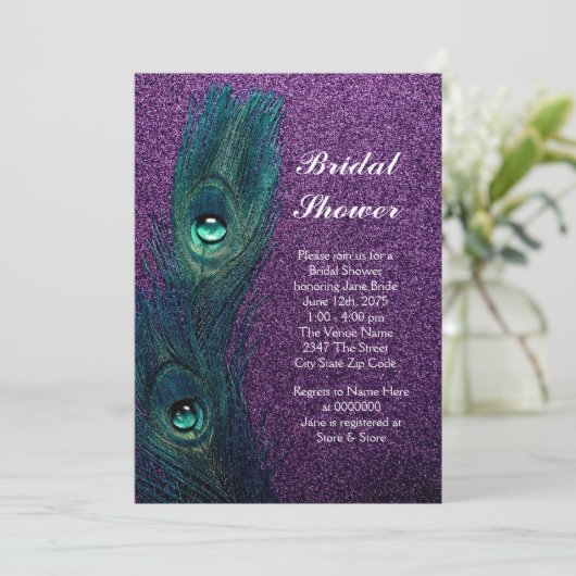 ティール(緑がかった色)エレガントブルーパープルピーコックブライダルシャワー 招待状 (スタンド正面)