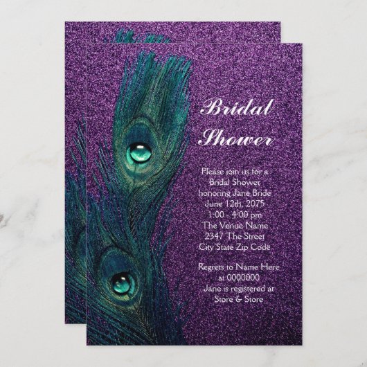 ティール(緑がかった色)エレガントブルーパープルピーコックブライダルシャワー 招待状 (正面/裏面)