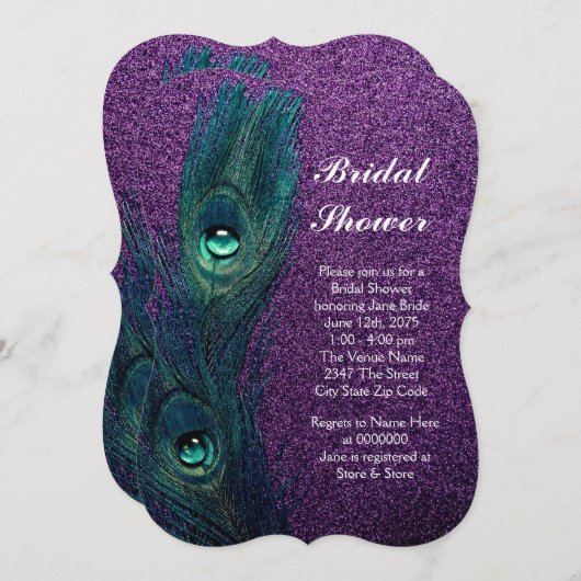 ティール(緑がかった色)エレガントブルーパープルピーコックブライダルシャワー 招待状 (正面/裏面)