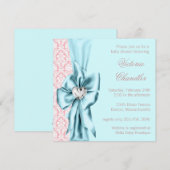 ティール（緑がかった色）エレガントブルーピンクダマスクベビーガールシャワー 招待状 (正面/裏面)