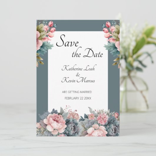 ティール(緑がかった色)エレガントブルーフローラ結婚式の日付を保存 招待状 (スタンド正面)