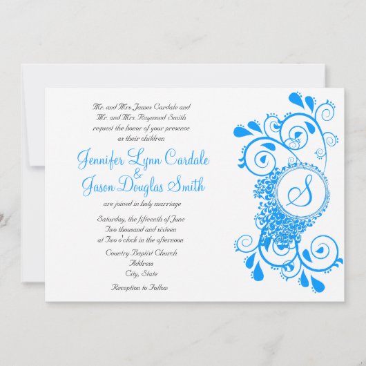 ティール（緑がかった色）エレガントブルーフローリッシュモノグラムウェディングアクト 招待状 (正面)