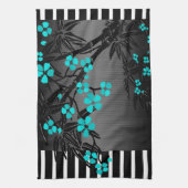 ティール（緑がかった色）エレガントブルーブロッサムブラックアジア竹 キッチンタオル (縦)