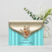 ティール(緑がかった色)エレガントブルーブロンズブラウン金ゴールド誕生日パーティー 招待状 (スタンド正面)