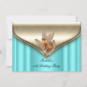 ティール(緑がかった色)エレガントブルーブロンズブラウン金ゴールド誕生日パーティー 招待状 (正面)
