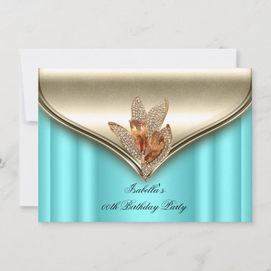 ティール（緑がかった色）エレガントブルーブロンズブラウン金ゴールド誕生日パーティー 招待状 (正面)