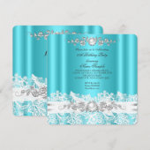 ティール（緑がかった色）エレガントブルーホワイトレースジュエルボウ誕生日2 招待状 (正面/裏面)