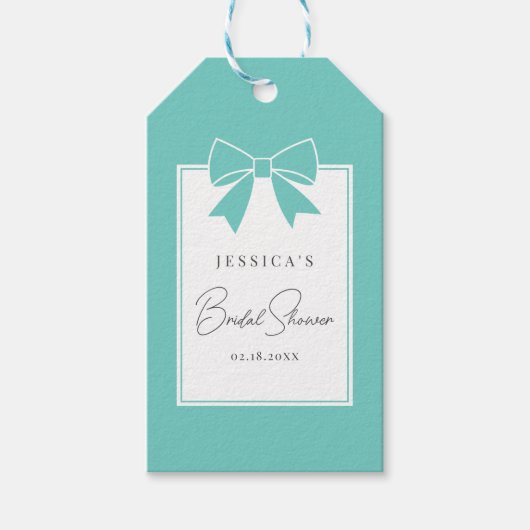 ティール(緑がかった色)エレガントブルーボウブライダルシャワーサンキューユー ギフトタグ (正面)