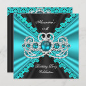 ティール(緑がかった色)エレガントブルーレースブラックダイヤモンド誕生日 招待状 (正面/裏面)