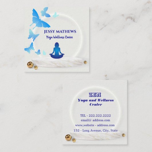 ティール（緑がかった色）エレガントブルー蝶瞑想ヨガ スクエア名刺 (正面/裏面)