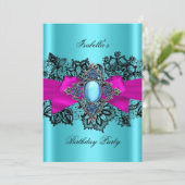 ティール(緑がかった色)エレガントホットピンクレースブルーバースデーパーティー 招待状 (スタンド正面)