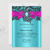 ティール(緑がかった色)エレガントホットピンクレースブルーバースデーパーティー 招待状 (裏面)