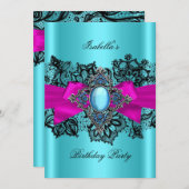 ティール(緑がかった色)エレガントホットピンクレースブルーバースデーパーティー 招待状 (正面/裏面)