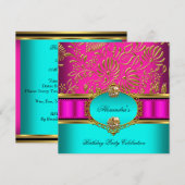 ティール(緑がかった色)エレガントホットピンク金ゴールドダマスク誕生日パーティー2 招待状 (正面/裏面)