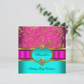 ティール(緑がかった色)エレガントホットピンク金ゴールドダマスク誕生日パーティー2 招待状 (スタンド正面)