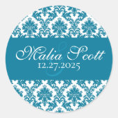 ティール（緑がかった色）エレガントホワイトダマスクウェディングのお願い ラウンドシール (正面)