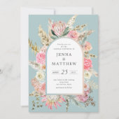ティール（緑がかった色）エレガントボヘミアンフローラ結婚式招待状 招待状 (正面)