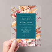 ティール（緑がかった色）エレガントボホシックフローラ結婚ズ アクリル招待状 (インサイチュ (ポータブル))