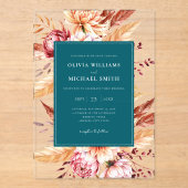 ティール（緑がかった色）エレガントボホシックフローラ結婚ズ アクリル招待状 (正面)