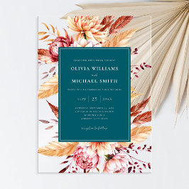 ティール（緑がかった色）エレガントボホシックフローラ結婚ズ アクリル招待状