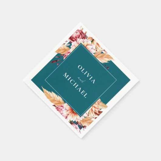 ティール(緑がかった色)エレガントボホシックフローラ結婚ズ スタンダードカクテルナプキン (角)