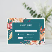 ティール(緑がかった色)エレガントボホシックフローラ結婚ズ 出欠カード (スタンド正面)