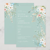 ティール（緑がかった色）エレガントボホシックワイルドフラワーフローラ結婚ズ 招待状 (正面/裏面)