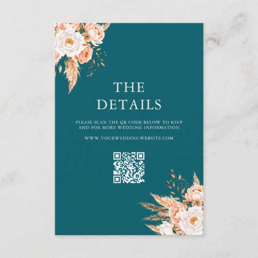 ティール（緑がかった色）エレガントボホシック秋フローラ結婚ズ エンクロージャーカード (正面)