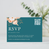 ティール（緑がかった色）エレガントボホシック秋フローラ結婚ズ 出欠カード (スタンド正面)