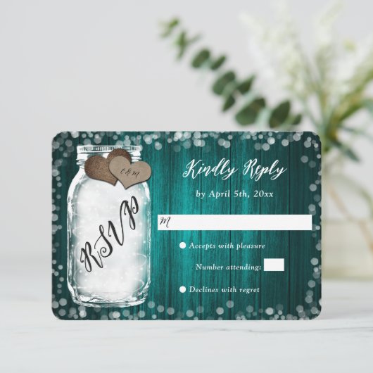 ティール（緑がかった色）エレガントメイスンジャールウッドウェディングRSVPカード 出欠カード (スタンド正面)