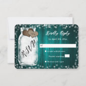 ティール（緑がかった色）エレガントメイスンジャールウッドウェディングRSVPカード 出欠カード (正面)