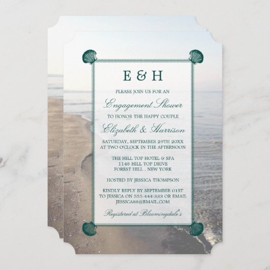ティール（緑がかった色）エレガントモノグラムホタテビーチ婚約 招待状 (正面/裏面)